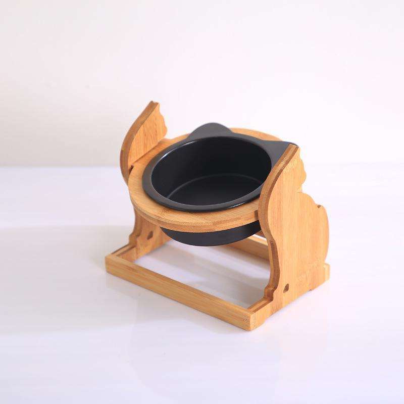 Wooden pet cat food bowl with stand, ceramic material, single bowl setup.