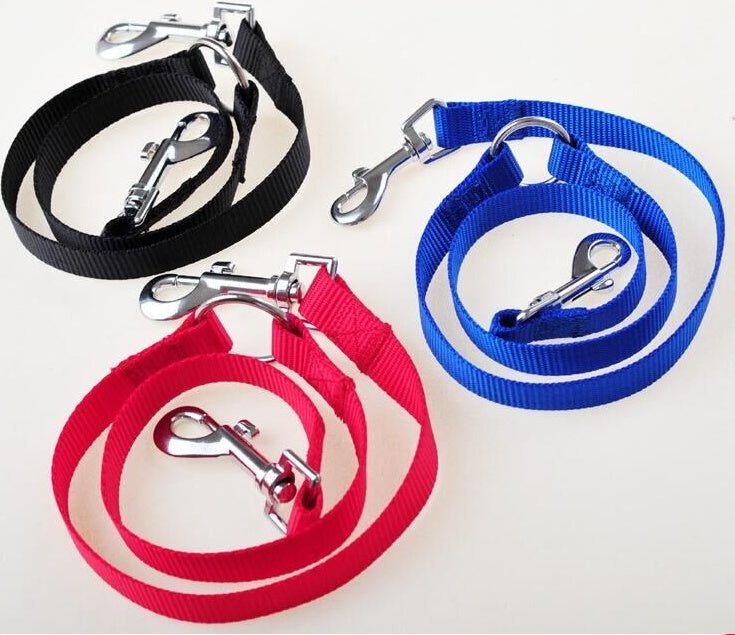 Nylon Double Twin Lead Pet Walking Leash in black, blue, and red.