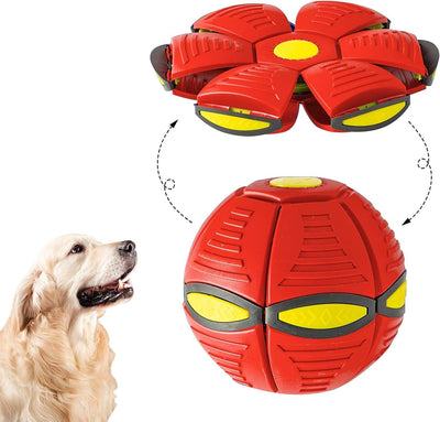 Red Magic UFO Jumping Ball with dog, transforming from flying saucer to ball.