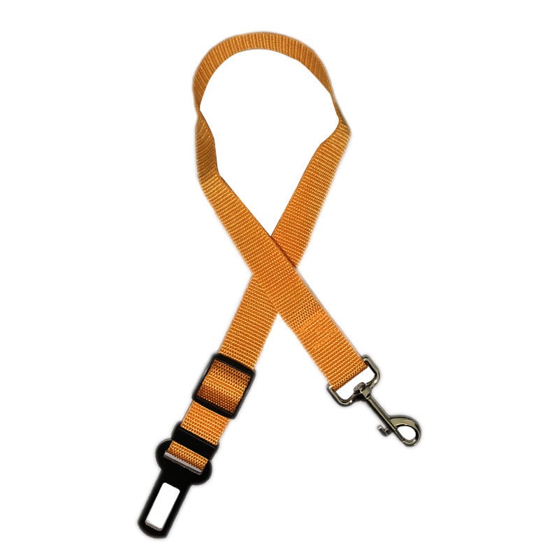 Orange pet retractable car seat belt made of cloth for safety.