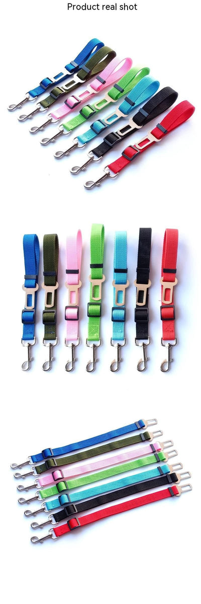 Colorful pet retractable car seat belts in various shades, displayed in a row.