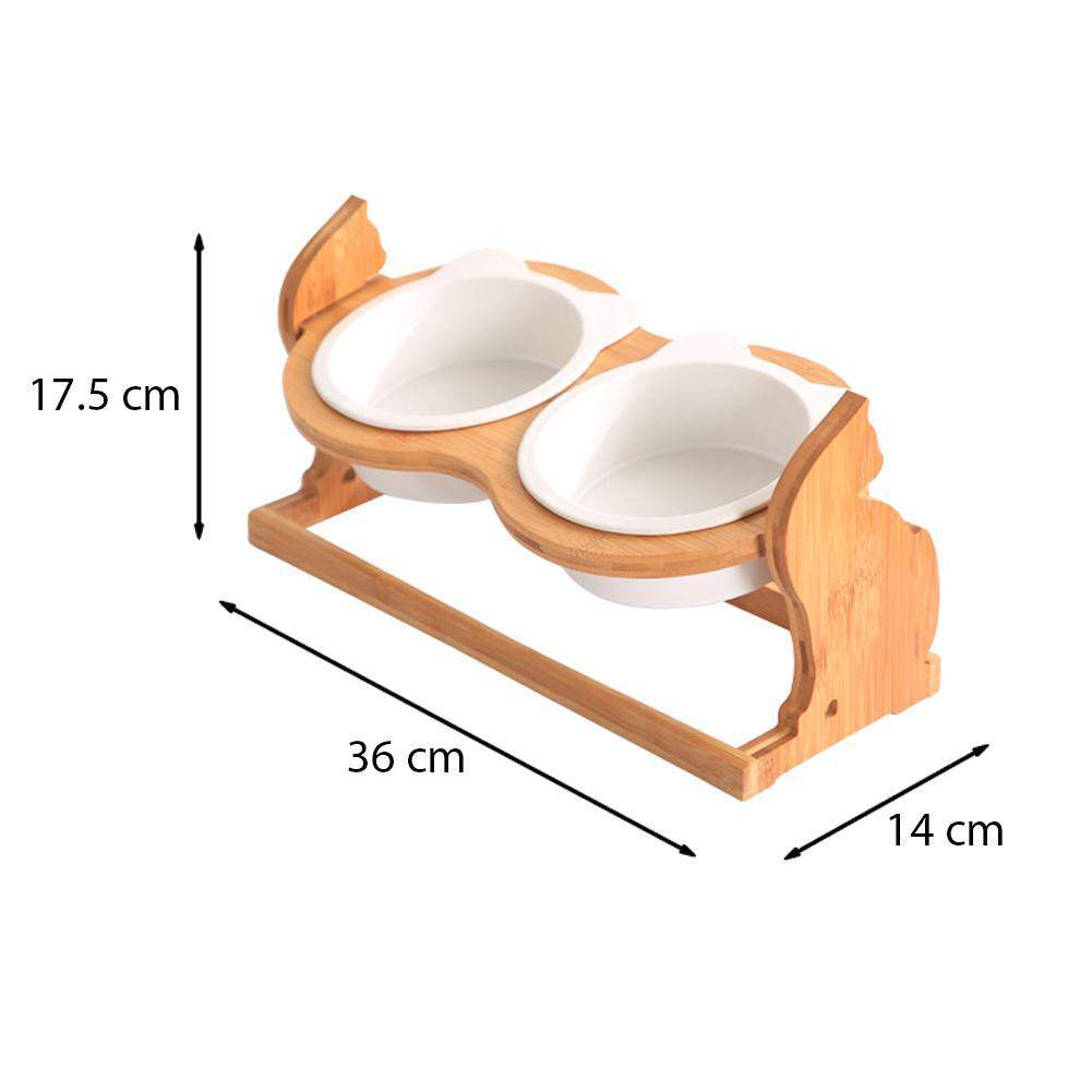 Wooden pet cat food bowl with ceramic double bowls and stand.