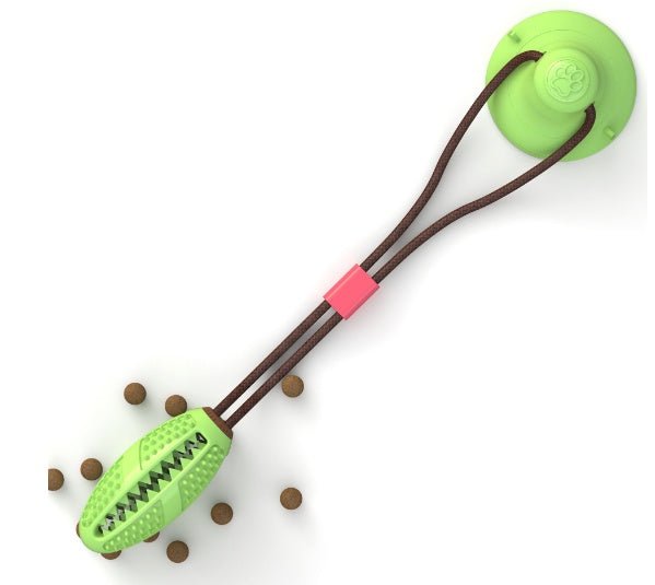 Suction cup molar chewing toy with olive shape and high bump design for pet dental care.