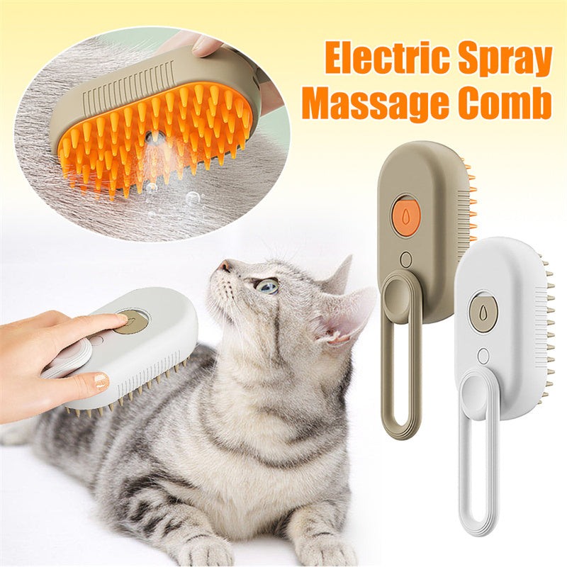 3 in 1 electric spray cat brush with massage function, ergonomic design, suitable for cat grooming.