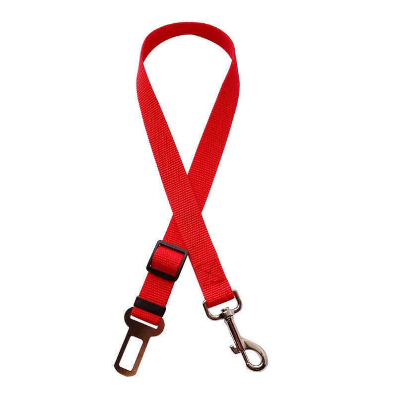 Red pet retractable car seat belt with metal clasp.