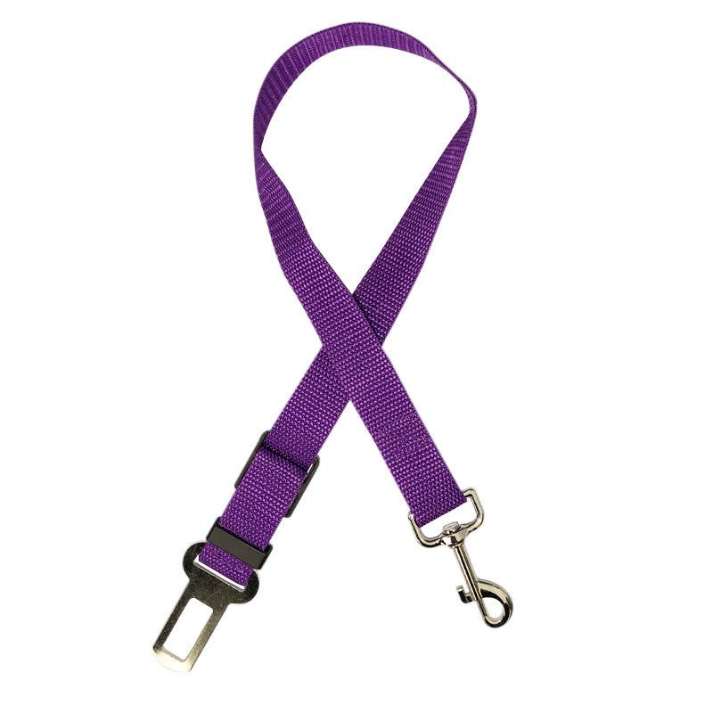 Purple pet retractable car seat belt with metal clasp and buckle.