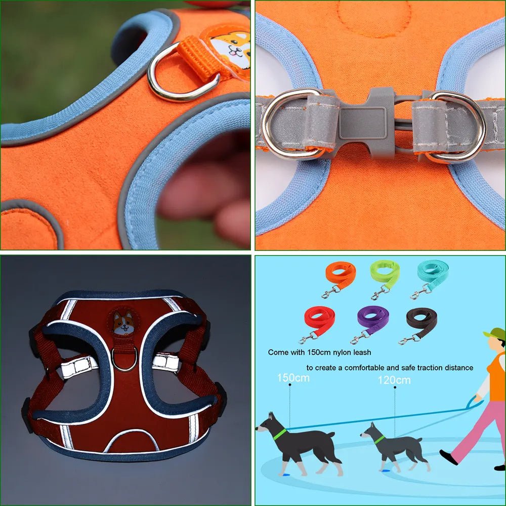 Adjustable cat harness with leash, reflective and breathable design for small pets, featuring padded handle and no-pull safety.