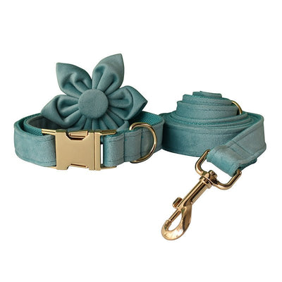 Lake Green Flannel Dog Collar with gold buckle and flower accessory.