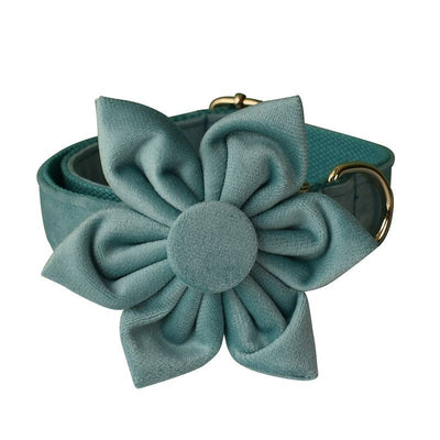 Lake Green Flannel Dog Collar with flower design and gold buckle, suitable for dogs.