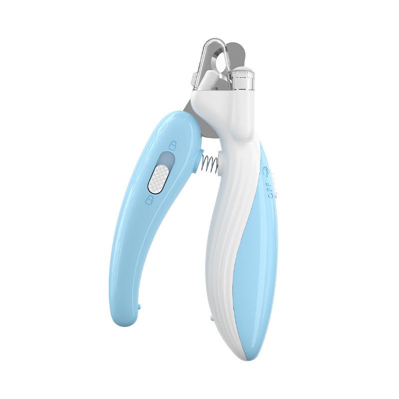 LED Electric Pet Nail Grinder in light blue with ergonomic non-slip handles, featuring a built-in LED light for safe nail trimming.