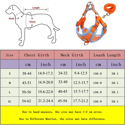 Adjustable cat harness with leash, size and measurement chart, safety features, and padded handle, perfect for small dogs and cats.