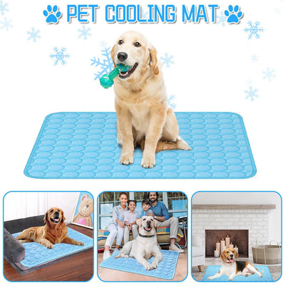 Pet Cooling Mat for dogs, blue, with non-slip bottom and breathable materials.