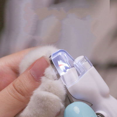 LED Electric Pet Nail Grinder with LED light trimming a pet's claw.