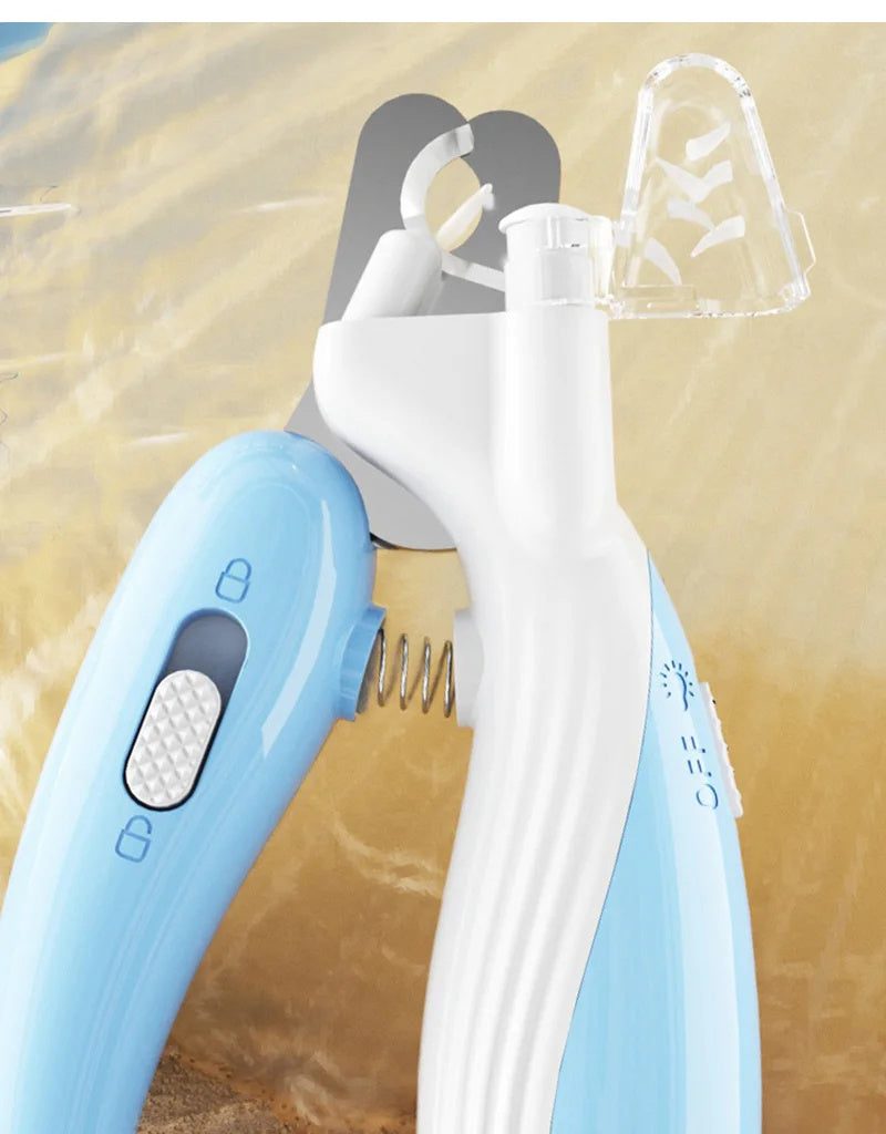 Light blue LED electric pet nail grinder with ergonomic design and non-slip handles.