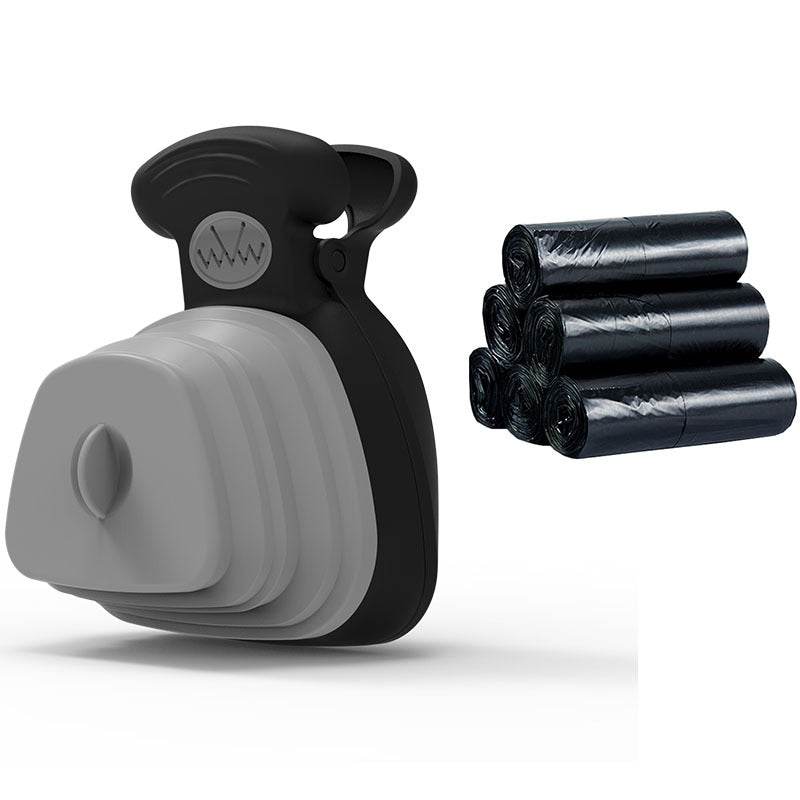 Pet poop bag dispenser and holder with six rolls of black bags.