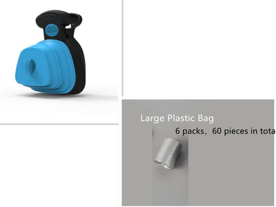 Pet poop bag dispenser and holder in blue with black clip, includes 6 packs of bags, 60 pieces total.