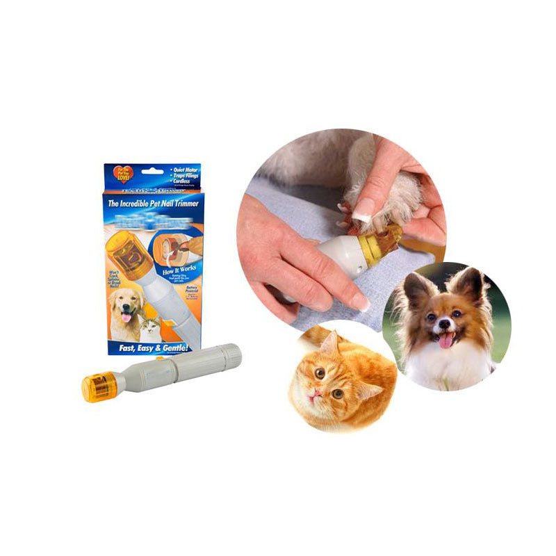 Electric pet nail grinder with package and images of pets.