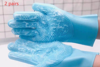 Blue silicone pet grooming gloves for bathing and massaging pets, featuring soft rubber bristles for removing loose hair and dirt.