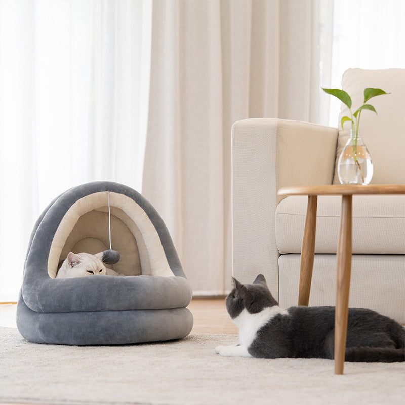 High quality cat house bed in cozy living room setting.