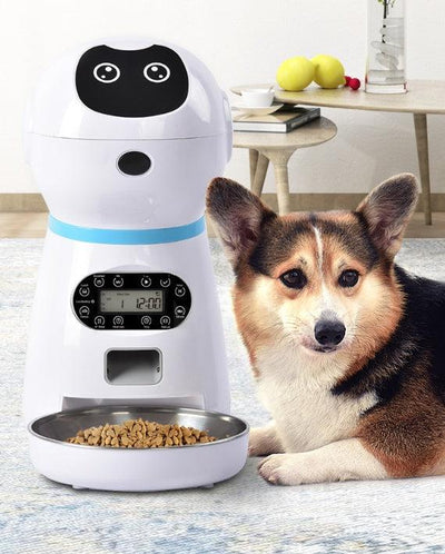 Automatic pet feeder with digital display and feeding bowl, beside a dog indoors.