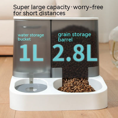 Visual Automatic Pet Feeder with large 1L water bucket and 2.8L grain storage capacity, suitable for cats.