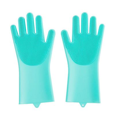 Green silicone pet grooming gloves for massage and bath, minimizes pet shedding.