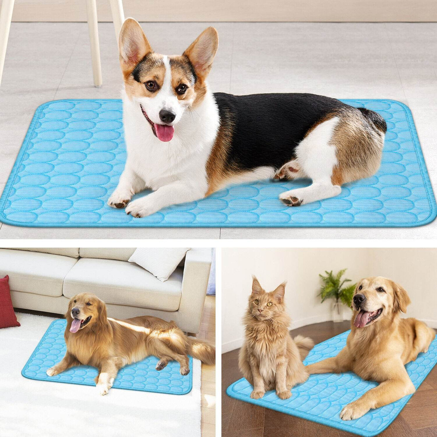 Pet Cooling Mat Pad Cushion with non-slip, breathable design in blue for dogs and cats.