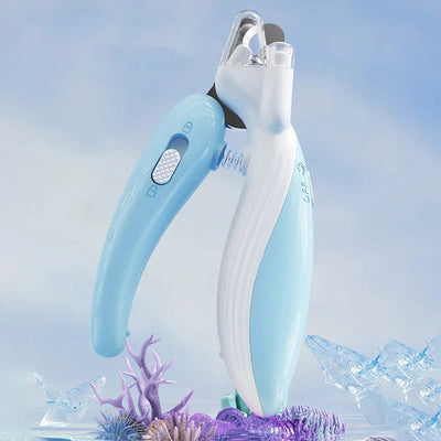 Light blue LED electric pet nail grinder with ergonomic design.