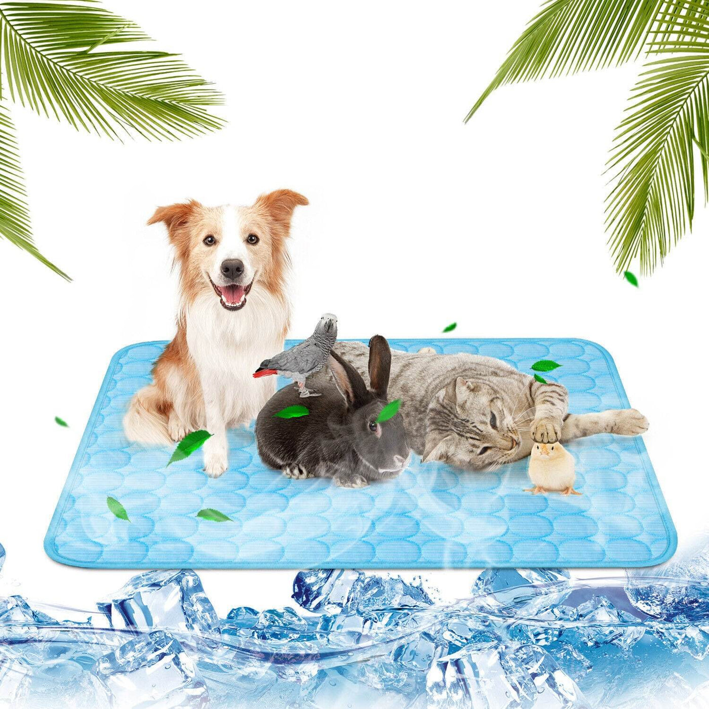 Pet Cooling Mat with dog, rabbit, and cat relaxing on blue cushion surrounded by ice and palm leaves.