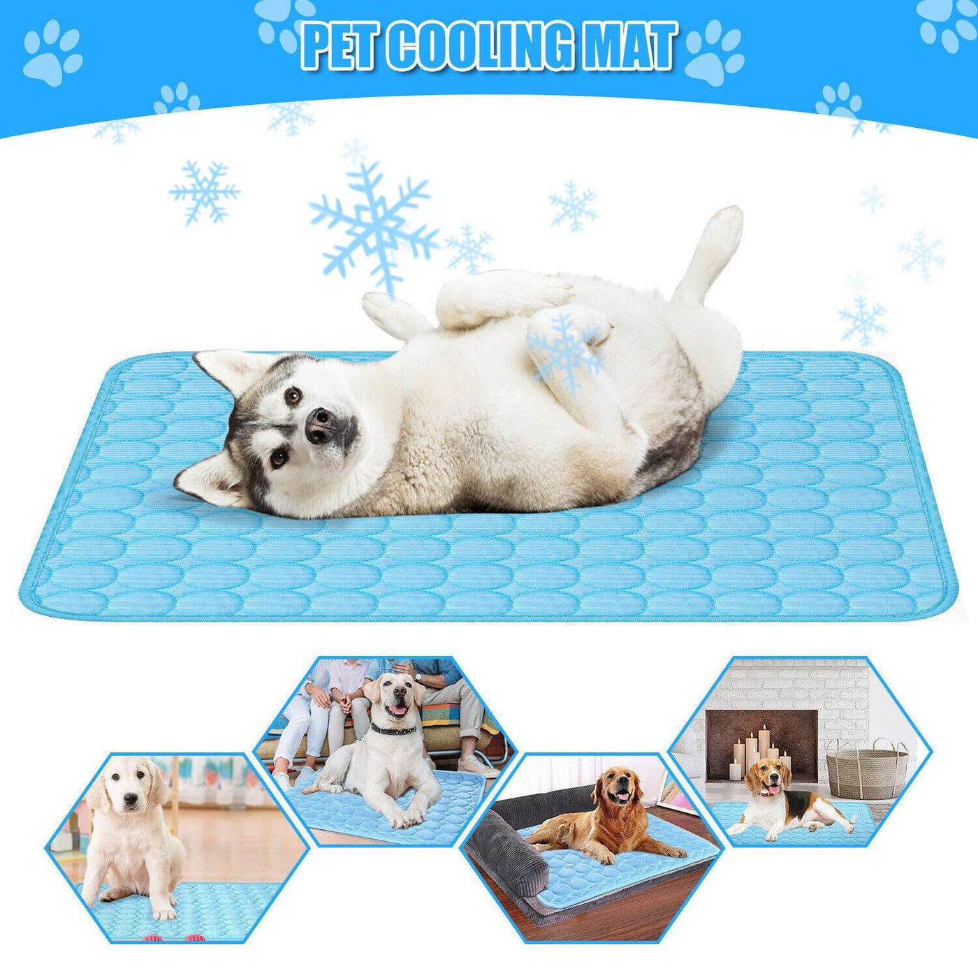 Pet Cooling Mat for dogs, made with ice silk material, non-slip, portable, and easy-to-clean, suitable for indoor and outdoor use.