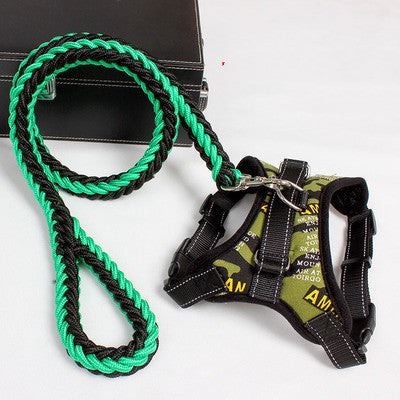 New nylon medium dog harness with leash in green and black design.