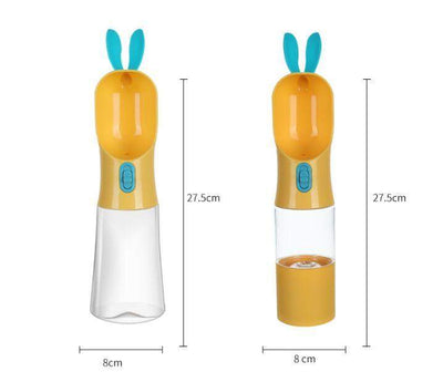 Portable pet travel water bottle, yellow with blue ears, 400ML capacity, ergonomic design.