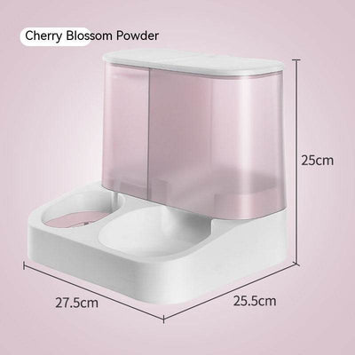 Pink visual automatic pet feeder for cats, featuring a dual-compartment design with precise dimensions.