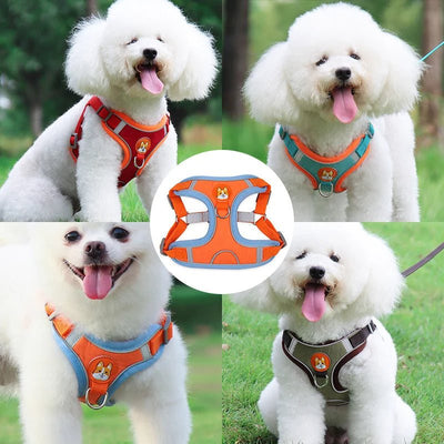 Adjustable cat harness vest with reflective strips, no pull, no choke design, and colorful plaid pattern for safe dog walks.