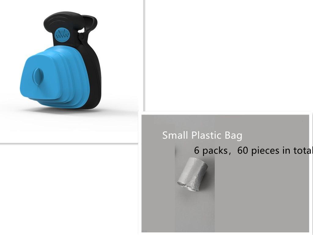 Blue and black pet poop bag dispenser with plastic bag packs, product for outdoor use.