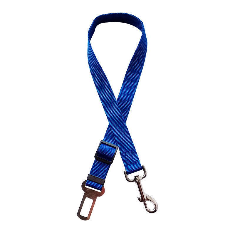 Blue pet retractable car seat belt with metal buckle and clip.