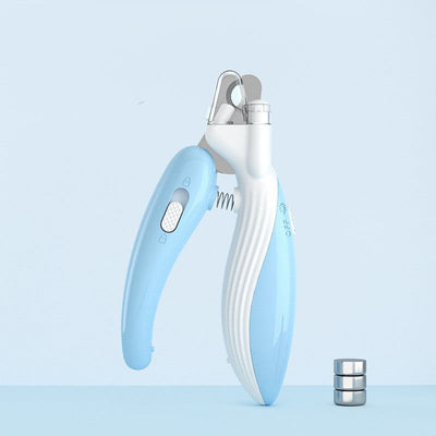 LED electric pet nail grinder in light blue with ergonomic design and built-in LED light.