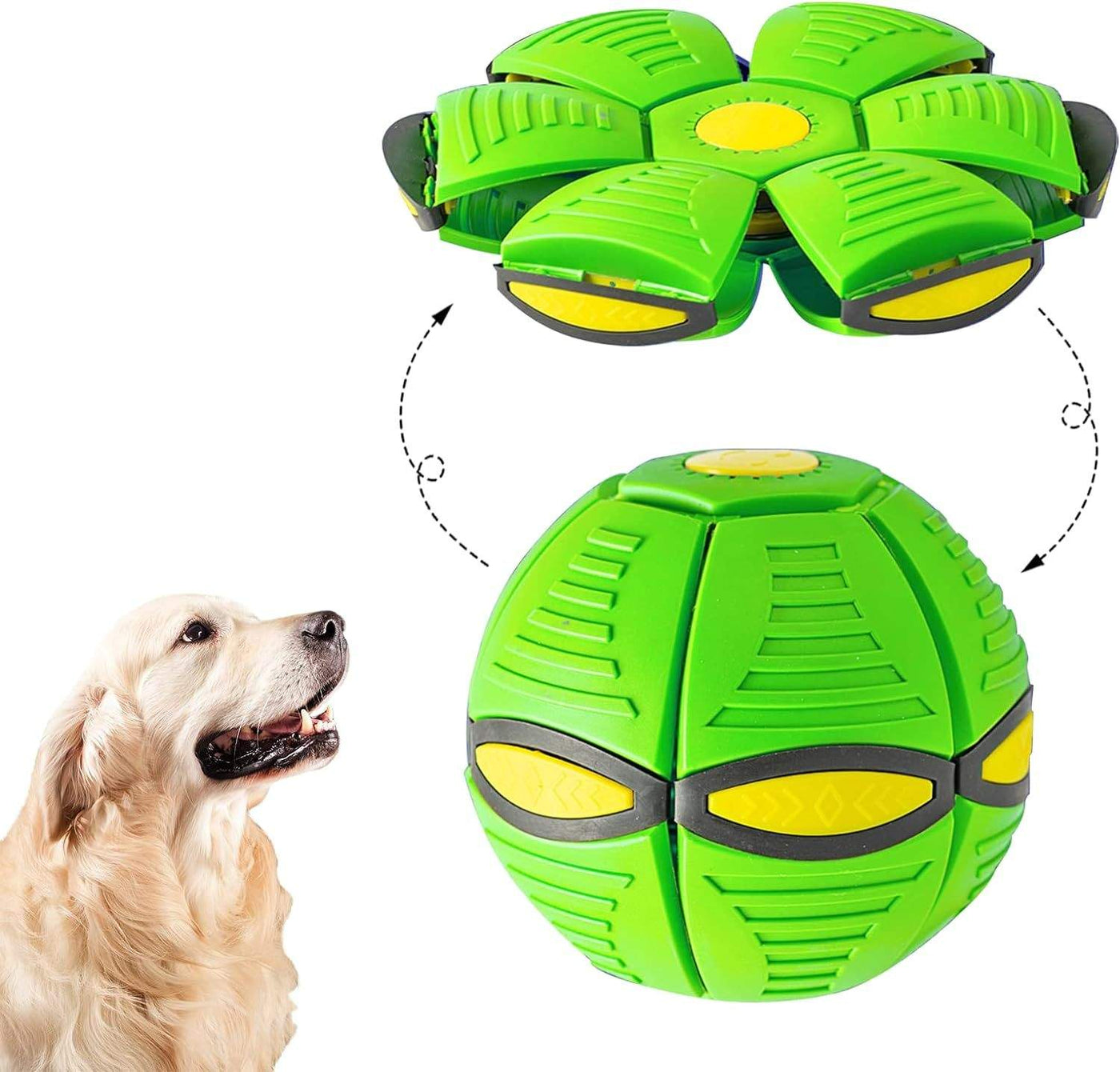 Magic UFO Jumping Ball for pets and kids shown in green with a dog, featuring transformable design for interactive play.