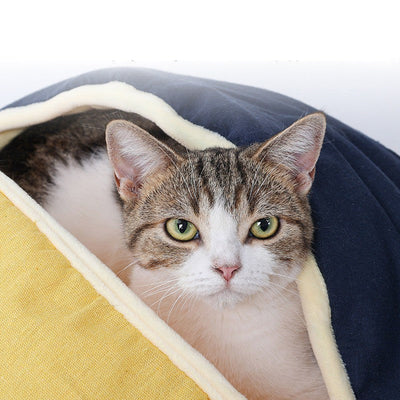 Semi enclosed pet nest with a cat resting inside.