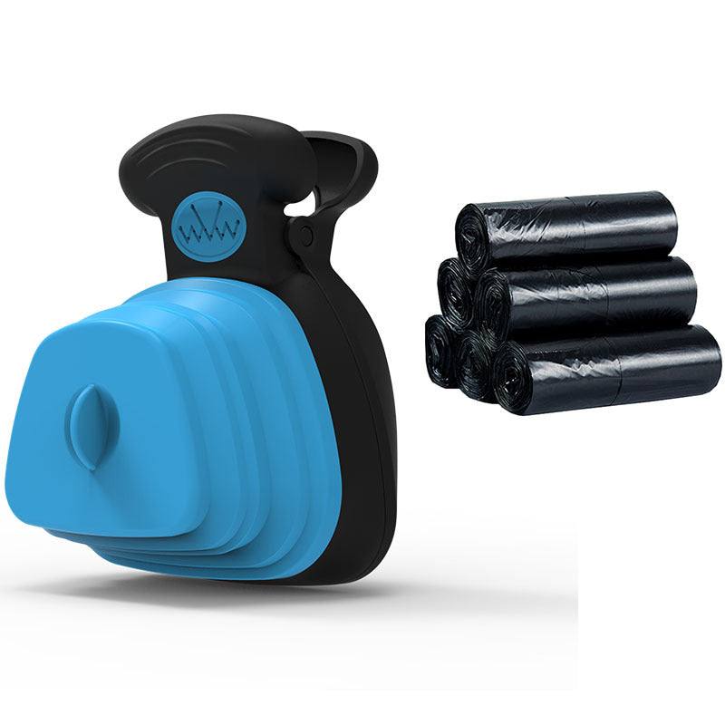 Pet poop bag dispenser and holder with black garbage bags, blue folding silicone design.