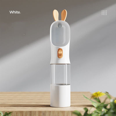 White portable pet travel water bottle with ears, 400ML capacity, for easy hydration.