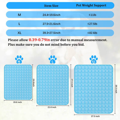 Pet cooling mat size chart with weight support for M, L, XL options.