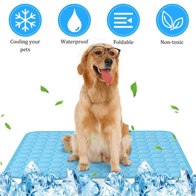 Pet cooling mat with dog sitting on blue cushion, featuring cooling, waterproof, foldable, non-toxic benefits.