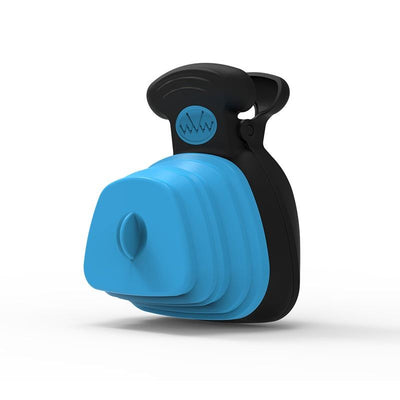 Pet poop bag dispenser in blue and black silicone design.