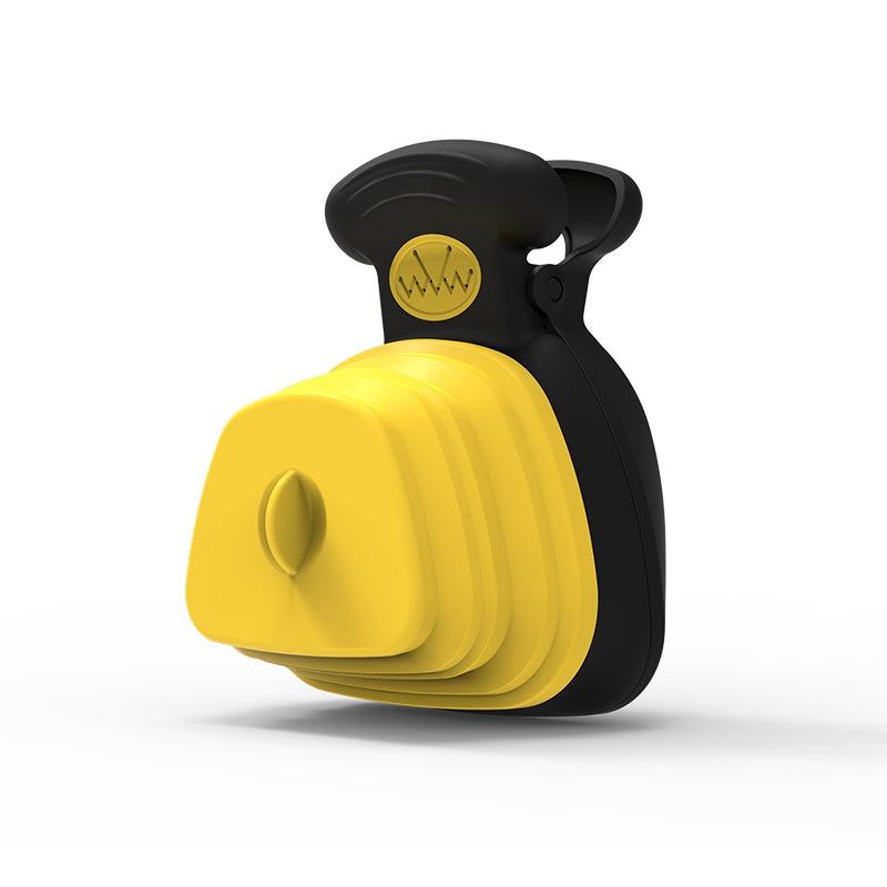 Pet poop bag dispenser in yellow and black for outdoor use.