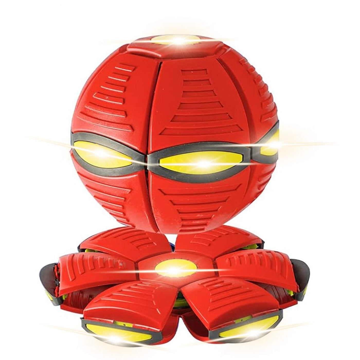 Red Magic UFO Jumping Ball transforming from disc to ball, durable pet toy.