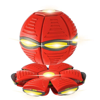 Red Magic UFO Jumping Ball transforming from disc to ball, durable pet toy.