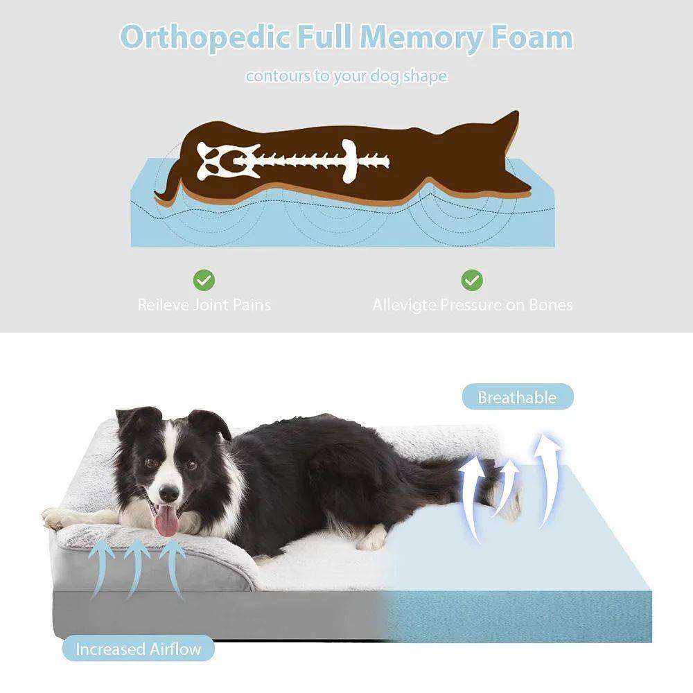 Orthopedic memory foam dog bed with border collie lying on it.