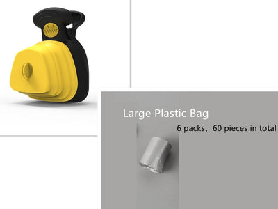 Pet poop bag dispenser and holder, yellow and black, with 60 plastic bags included.