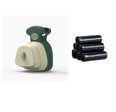 Pet poop bag dispenser and holder with black garbage bags, ideal for outdoor use.